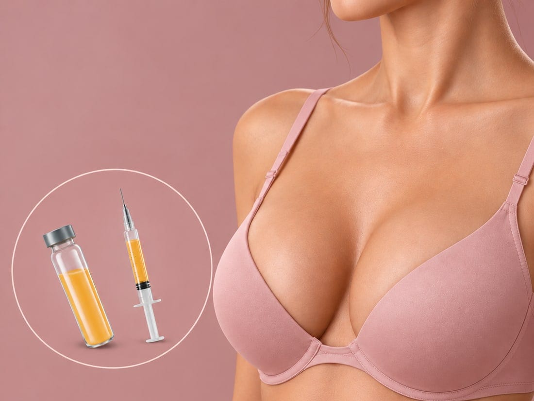 A woman in a soft pink bra beside an inset illustration of a vial and syringe