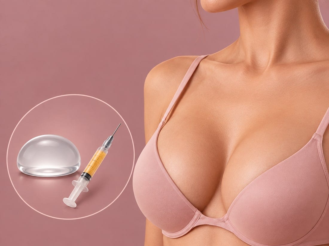 A woman in a soft pink bra beside an inset illustration of an implant and a syringe