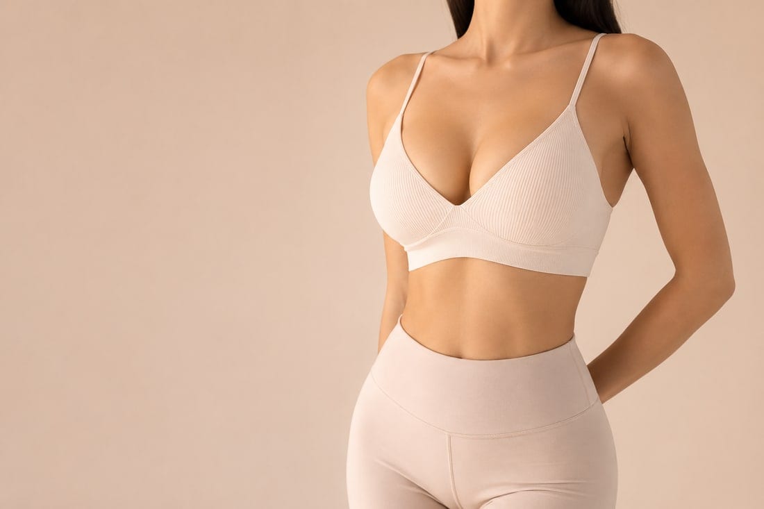 A woman standing in neutral loungewear, photographed from the shoulders down