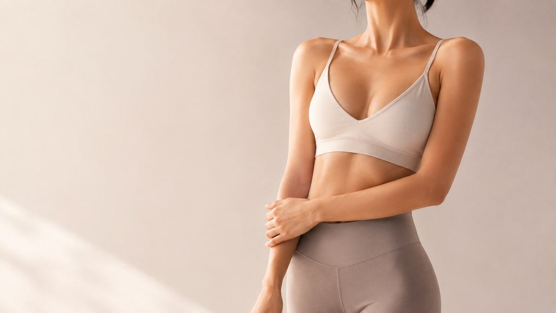 A woman in a soft cream bralette, photographed from the shoulders down